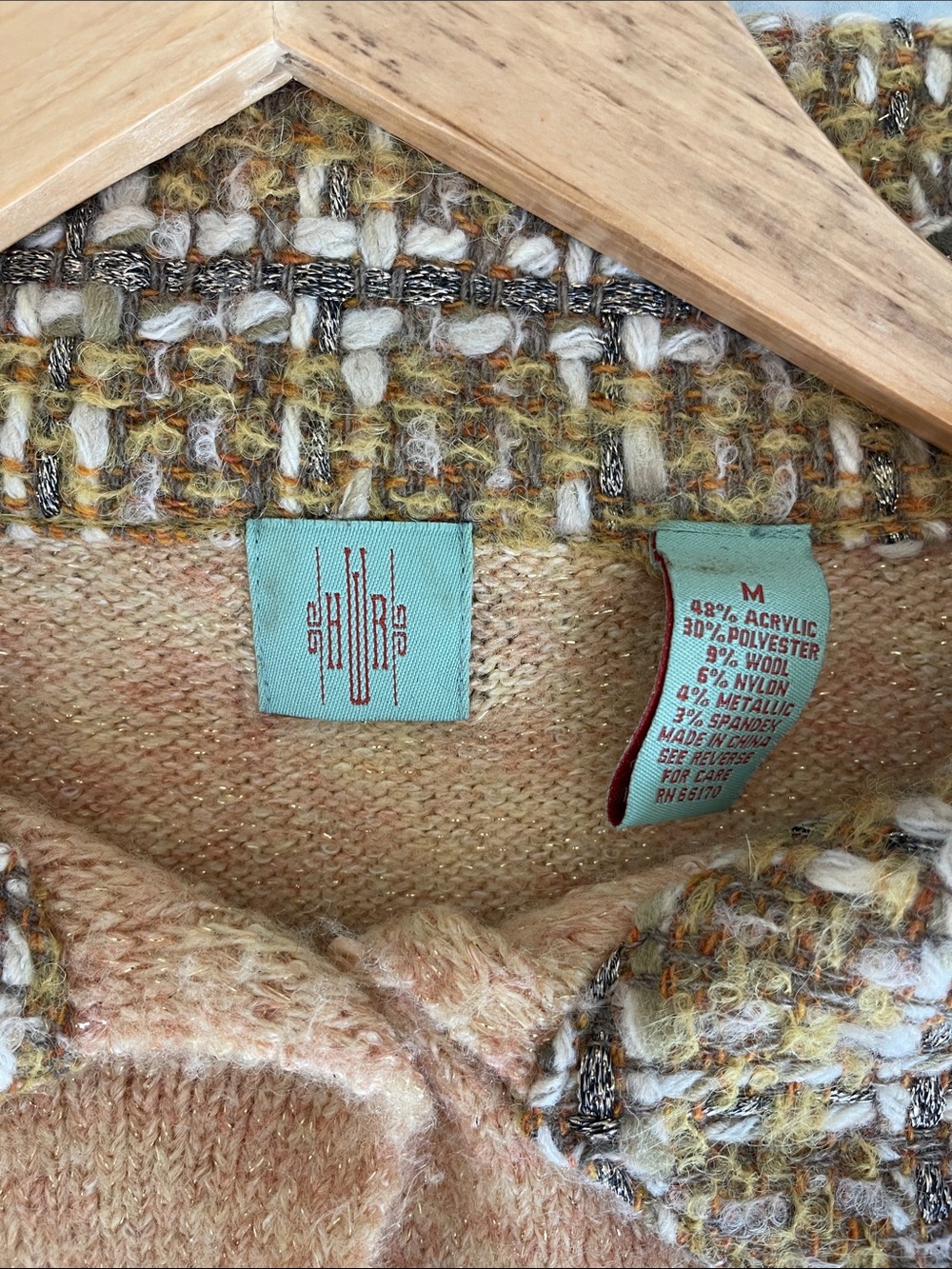 Anthropologie Medium Peach Knit Sweater with Tweed Collar and Cuffs - Picture 2 of 5